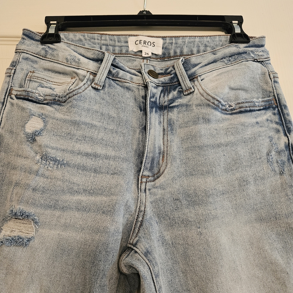 CEROS Light Wash Flare Jeans with Crochet Accents - Picture 3 of 8
